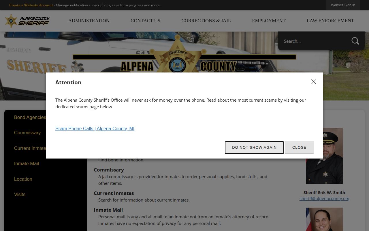 Alpena County Corrections and Jail page with the Current Inmates route