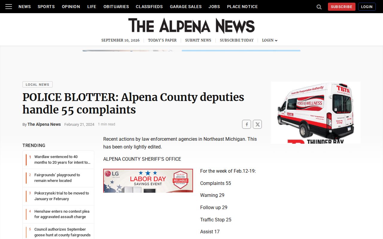 Alpena County multi-day arrest report and police blotter period
