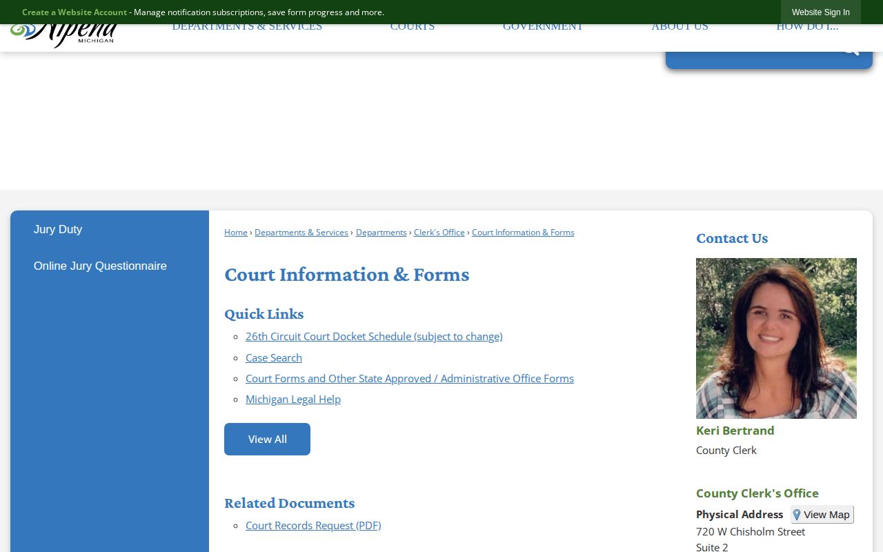 Alpena County Court Information and Forms page with public case search resources