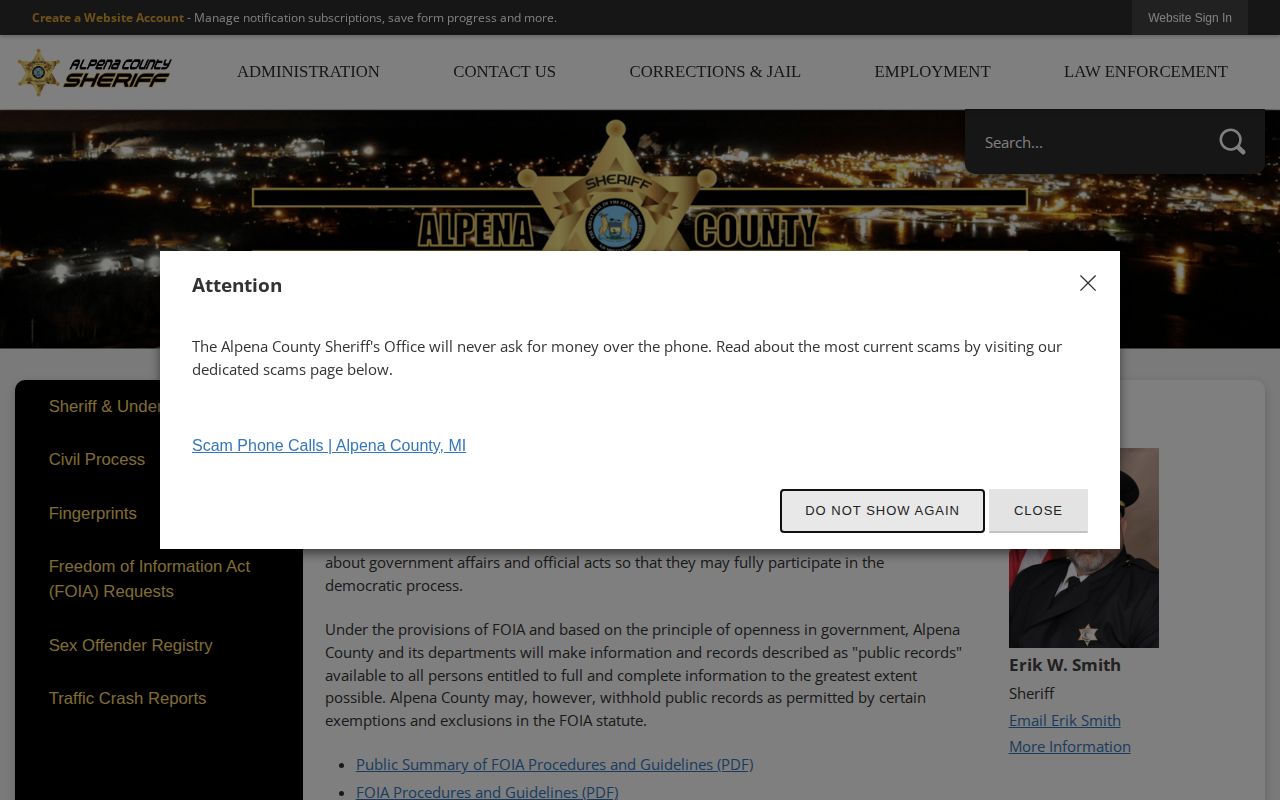 Alpena County public-records process for archived arrest reports
