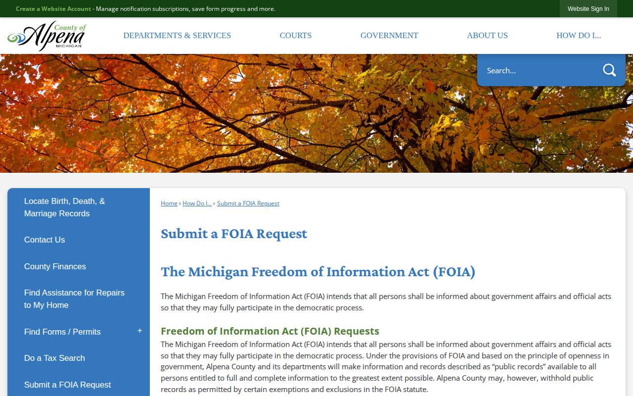 Alpena County online page for submitting a Freedom of Information Act request